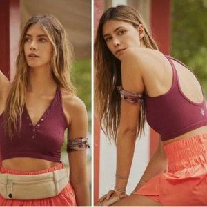 Free People Movement Happiness Runs Henley Crop Top in burgundy XS